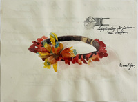 traducción no disponible – © MARKK. Armring. Beschreibung: rundgebogener Reifen aus Holz, mit schwarzen, gedrehten Fäden umwickelt und von der Aussenseite mit Federn (rot und gelb) verziert Massangaben: Durchmesser 20 cm. Herkunft: (...) Brasilien