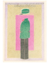Peter Wirz, Die alten Polizeiuniformen in Basel und an anderen Orten 1937 im Kampf gegen den hohen Kragen, o.J., Farbstift und Bleistift auf Papier, 30 x 21 cm, Leihgabe Dadi Wirz Peter Wirz, Die alten Polizeiuniformen in Basel und an anderen Orten 1937 im Kampf gegen den hohen Kragen, o.J., Farbstift und Bleistift auf Papier, 30 x 21 cm, Leihgabe Dadi Wirz