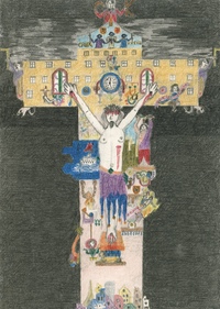 Peter Wirz, The Cross of Christ in a newly historicized style, 1950s. Colored pencil and graphite on paper, 30 × 21 cm. open art museum, St. Gallen. Gift of Dadi Wirz. Peter Wirz, The Cross of Christ in a newly historicized style, 1950s. Colored pencil and graphite on paper, 30 × 21 cm. open art museum, St. Gallen. Gift of Dadi Wirz.